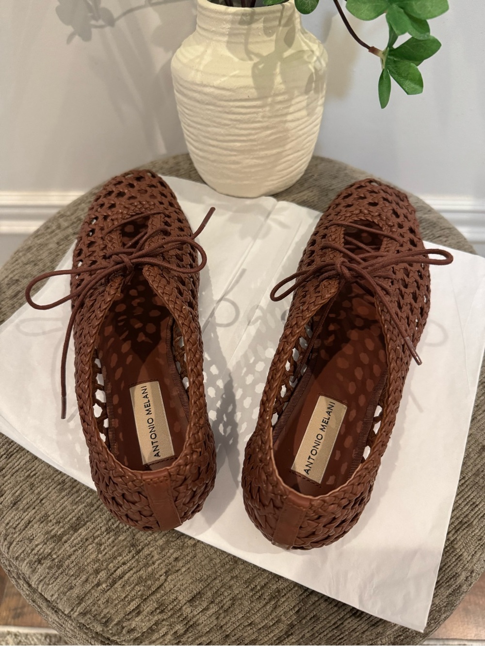ANTONIO MELANI Brown Woven Leather Lace-Up Flats - Picture 3 of 4